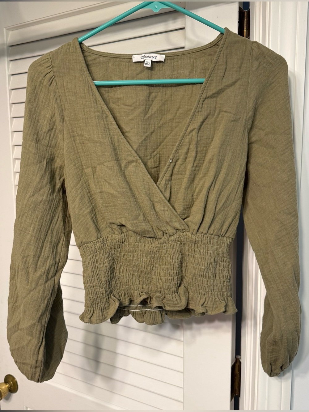 Madewell Olive Green Smocked-Waist Wrap Blouse
